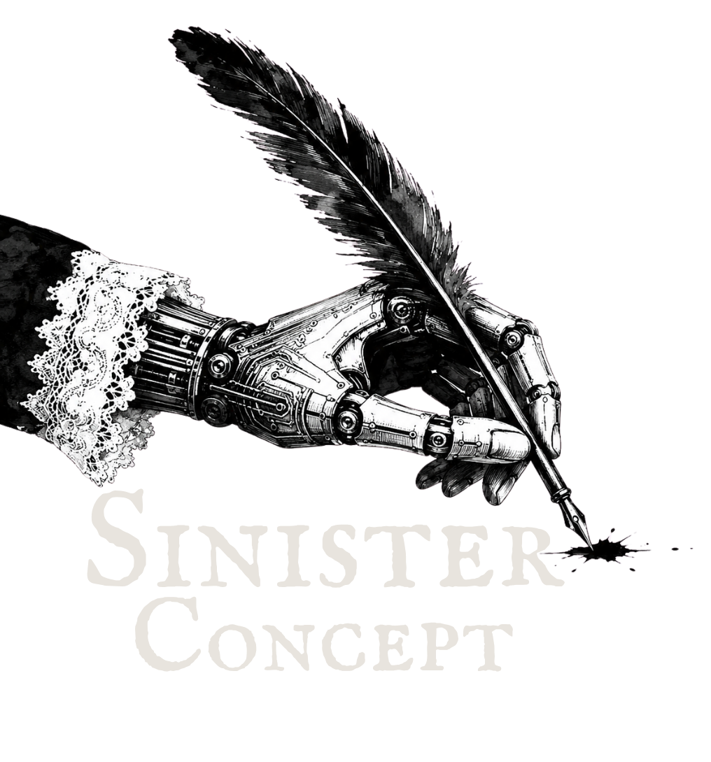 Sinister Concept: a mechanical left hand in a Victorian lace cuff, holding a quill pen.