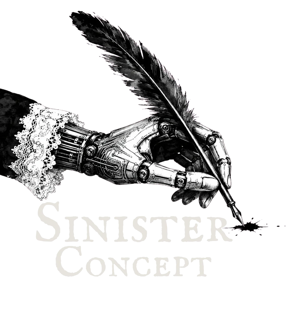 Sinister Concept: a mechanical left hand in a Victorian lace cuff, writing with a quill.