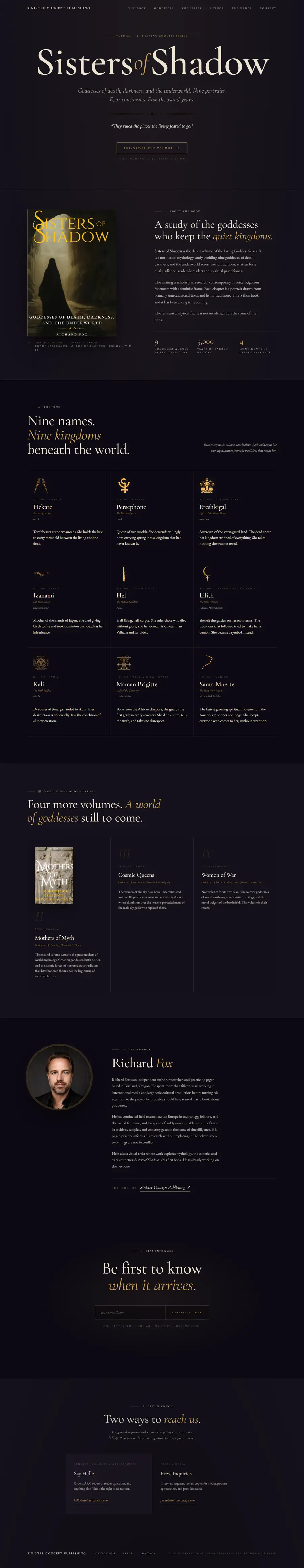 The full Sisters of Shadow author website, from hero to contact section